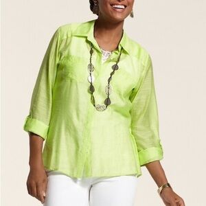 Chicos Breezy Twill Lydia Layering 3/4 sleeve Soft Lime Top size s
